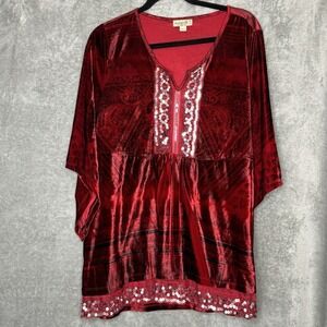 One World 1X Top Shirt Red Paisley 3/4 Sleeve V Neck Stretch Velour Sequins